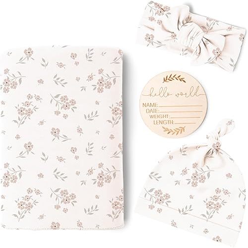 Konssy Baby Girl Newborn Receiving Blanket with Matching Headband and Beanie Set Baby Swaddle Nursery Swaddle Wrap