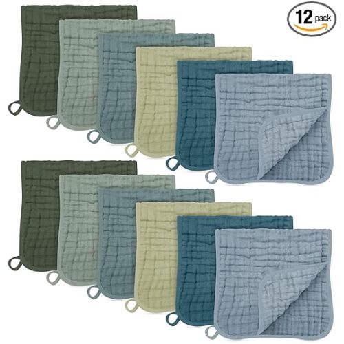 SWEET DOLPHIN 12 Pack Muslin Burp Cloths Large 100% Cotton Burping Clothes for Baby Drool - Absorbent and Soft Boys & Girls Milk Spit Up Rags for Newborn Essentials Registry - Ocean Dip