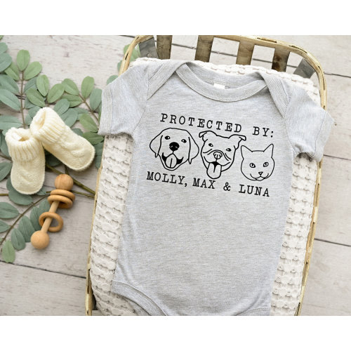 Protected By Dog Onesie®, Custom Dog Breed Onesie®, 3 Dog Names Onesie, Baby Shower Gift, Newborn Baby Gift, New Parents Gift,