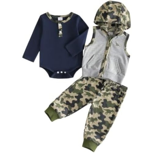 Baby Boy Western Outfits Camo Hooded Vest Romper Pants Set 3pcs