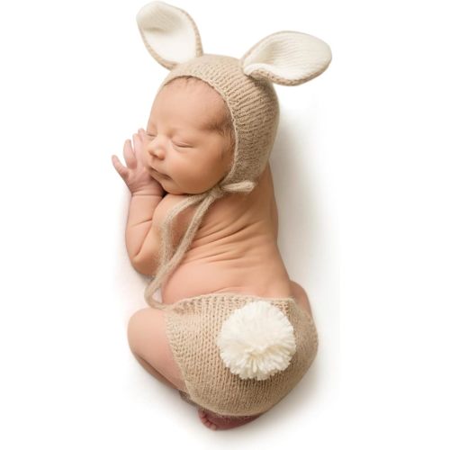 ForBaysy Newborn Photography Props Boy Girl Crochet Bunny Costume Set Baby Photo Shoot Outfits with Rabbit Ear Hat