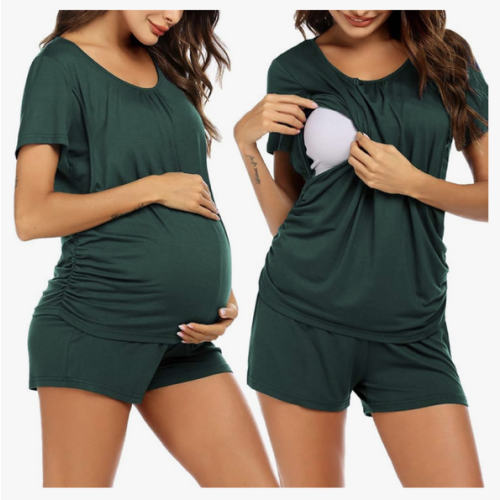 Ekouaer Women's Maternity Nursing Pajamas Set Breastfeeding Sleepwear Double Layer Short Sleeve Top & Shorts Pregnancy PJS