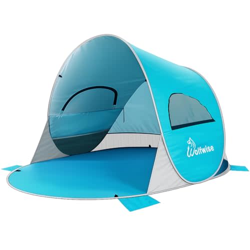 Wolfwise Pop Up Beach Tent, Easy Setup Sun Shade Shelter Foldable 3 Person | Instant Beach Sunshade Umbrella for Sand Popup, UPF 50+ UV Protection, Portable Carry Bag Carpa para Playa, 57L×87D×47H" Blue