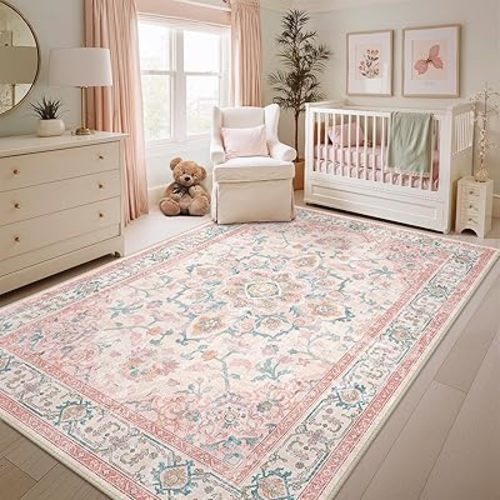 Machine Washable Rugs Nursery Rug 6x9 Cute Girl Non Slip Low Pile Water Repellent Soft Print Pattern for Bedroom Indoor Decor Kids Playroom Pinkteal