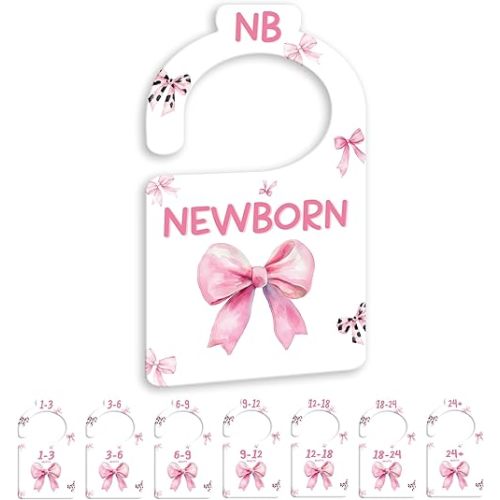 JMOST Pink Bows Baby Closet Dividers for Nursery Closet Organizer, Newborn to 24 Months Size Clothes, Hangers with Size Dividers, Double Sided