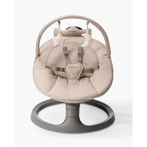 Momcozy Electric Baby Swing for Infants to Toddlers up to 66 lbs, Convertible to Stationary Seat, Adjustable Height & Recline, 8 Soothing Sounds, Plush Toys, Easy-Clean Seat, Lightweight