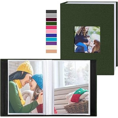 Ywlake Photo Album 4x6 100 Pockets 2 Packs, Small Mini Capacity Linen Photo Album Bulk Sets, Each Pack Holds 100 Top Loader Vertical Only Picture for Kids Boy Girls Green