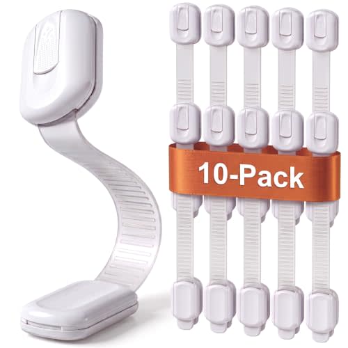 Child Safety Strap Locks (10 Pack) Baby Locks for Cabinets and Drawers, Toilet, Fridge & More. 3M Adhesive Pads. Easy Installation, No Drilling Required, White