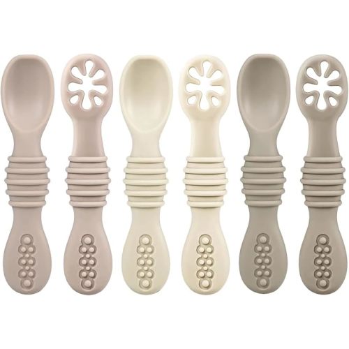 PandaEar Silicone Baby Spoons Self Feeding 6 Months| 6 Pack Baby Feeding Spoons| Toddler Infant led Weaning Spoon| Kid Spoon Ustensile Bebe (Beige/Tan/Brown)