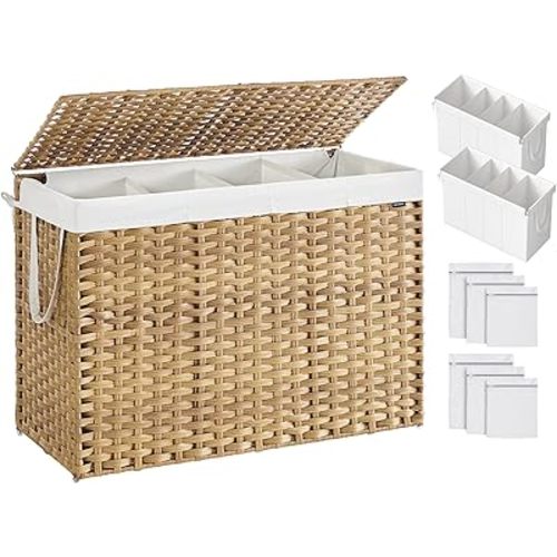 SONGMICS Laundry Hamper with Lid, 200L 4-Section Wicker Basket, 6 Mesh Bags