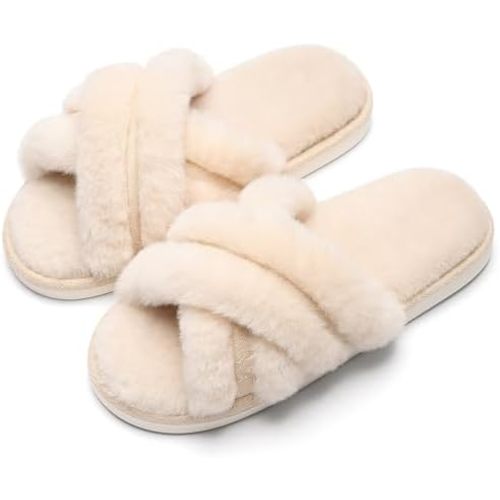 Evshine Women's Fuzzy Slippers Cross Band Memory Foam House Slippers Open Toe