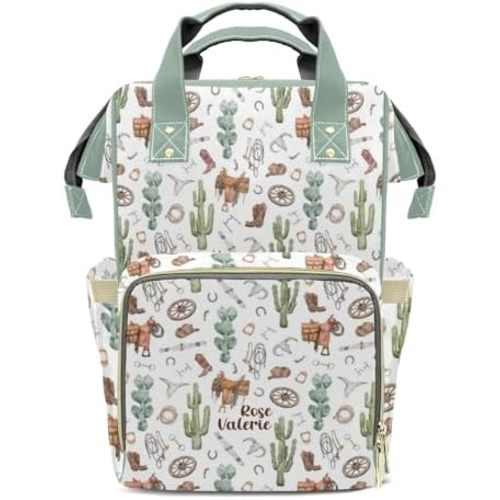 Western Cactus Print Personalized Diaper Bag Backpack with Name,Customized Nappy Backpack for Baby Girls, Multi-function Mommy Backpack for Travel Outdoor Nursing