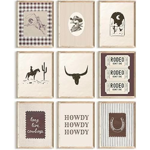 Ylmekx Western Cowboy Wall Decor Vintage Nursery Canvas Wall Art Boys Room Poster Baby Neutral Pictures Retro Cowboy Prints Rustic Southwestern Painting for Bedroom 8x10 Unframed Set of 9