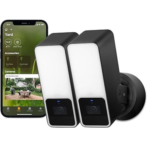 Eve Outdoor Cam 2-Pack Secure floodlight Camera, High Security & Privacy (HomeKit Secure Video), 1080p, Night Vision, Wi-Fi (2.4 GHz), Motion Sensor, 2-Way Communication, People/pet/Vehicle Detection