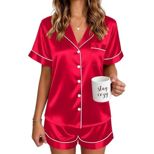 Ekouaer Satin Pajamas for Women Silk Pjs Short Set 2 Piece Lounge Sets