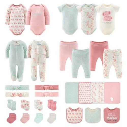 Baby Girl Layette Clothing Gift Set, 30pc - The Peanutshell® Floral Elephant, Pink Green, 3-6 Months