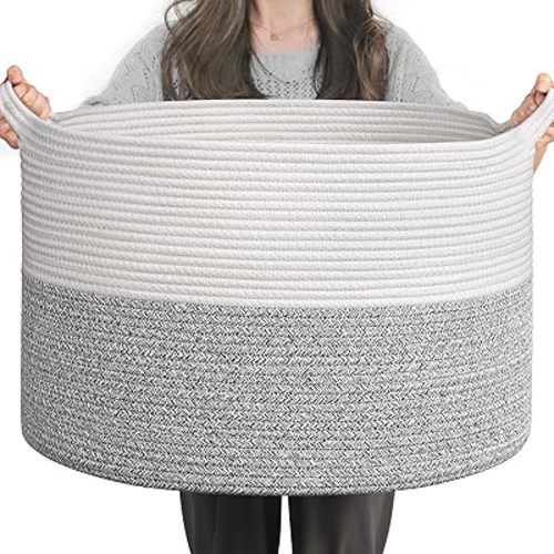 INDRESSME Large Blanket Basket, Laundry Toy Storage Baskets, Decorative Woven Basket for Living Room & Nursery, Baskets for Gifts Empty, Laundry, Dog Toys, Towels, Light Grey, 19.7" D x 12.6" H