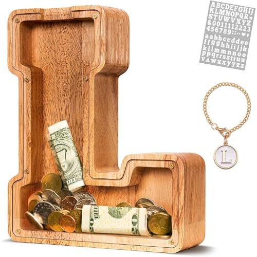 KMC Wooden Letter Piggy Bank, Personalized Initial Piggy Bank for Kids Boys, Clear Alphabet L Wood Money Box, Unbreakable Coin Saving Jar, Birthday, for Children