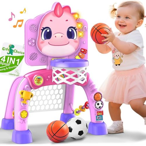 Nicmore Basketball Hoop Toys for Toddlers: Dinosaur Activity Center with Lights Music - Indoor Sports Skills Development - 6, 12, 18, 24+ Month Christmas Birthday Gift for Baby, Boys & Girls