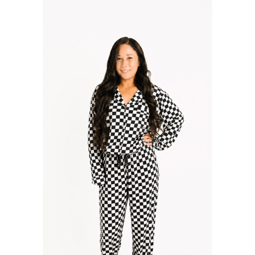 Black Checkered Women's Button Up Long Sleeve Set