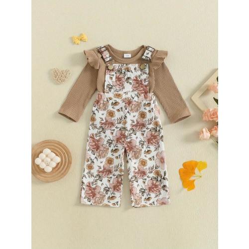 Infant Baby Girls Clothing Set Solid Color Long Sleeve Ribbed Romper With Print Overalls 2Pcs Outfit | SHEIN USA