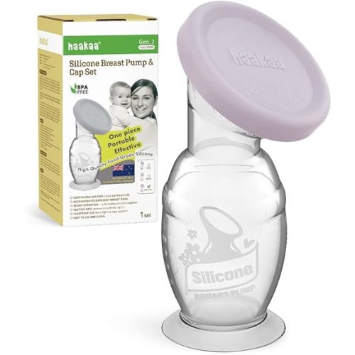 haakaa Manual Breast Pump & Silicone Cap Combo for Nursing Mom (Lavender, 5oz. with Base)