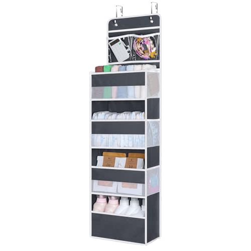 Univivi Over The Door Organizer with 6 Side Mesh Pockets, 5 Shelf Door Hanging Organizer Large Capacity Door Storage for Closet Nursery Bedroom Dorm and Baby Essential