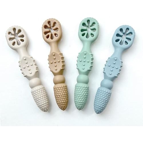 Baby's First Spoon | Self-Feeding Spoon | Toddler Utensil | BPA-Free Silicone 4-Pack (Sandy Beach)