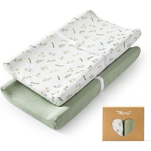 TILLYOU Muslin Changing Pad Cover for Baby Girls Boys, Soft and Breathable Cotton Diaper Changing Table Cover, 2 Pack(Daisy)