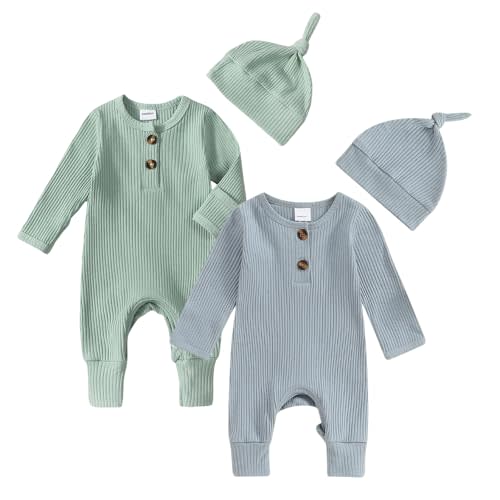 Infant Boys Girls Clothes Set Newborn Baby Romper Hat Ribbed Knit Long Sleeve Button Solid Bodysuit Jumpsuit