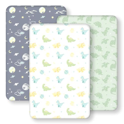 Baby Bedside Bassinet Sheets Fitted, 33”x20” Compatible with Baby Delight Dream On Me & Most Rectangle Bedside Sleeper Bassinet Mattresses, Super Soft Microfiber Green Dinosaur Planet