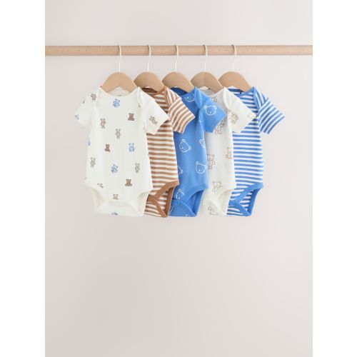 Blue/Ecru Bear Short Sleeve Baby Bodysuits 5 Pack (0-3 month)