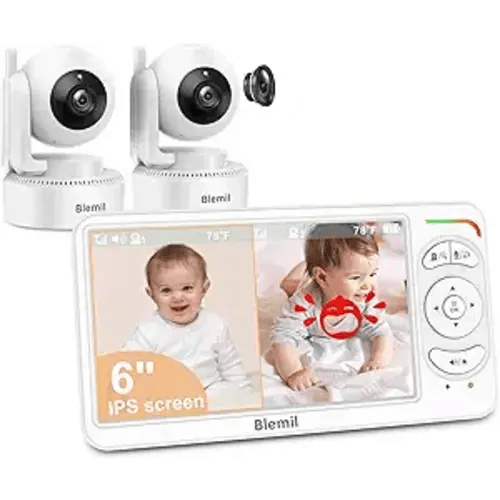 Blemil 6" Baby Monitor with 2 Cameras 4000mAh Battery Upgrade Split Screen Video Baby Monitor No WiFi Remote Pan-Tilt-Zoom Auto-Night Vision 150 Languages ECO Mode 2-Way Talk 1000FT (Ideal Condition)
