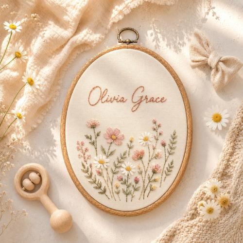 Personalized Floral Baby Name Sign, Custom Embroidered Nursery Wall Art, Oval Floral Name Hoop, Baby Girl Shower Gift, Newborn Photo Prop
