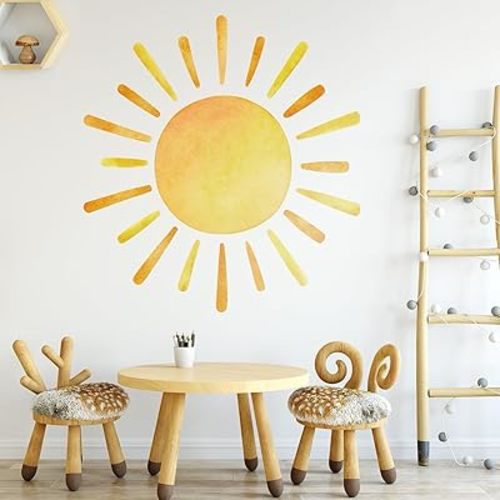 41.7” X 39.8” Watercolor Boho Sun Wall Decals Peel and Stick, PVC Sunrise Wall Stickers, Yellow Sunshine Wall Art Decor for Kids Room Playroom Nursery Bedroom