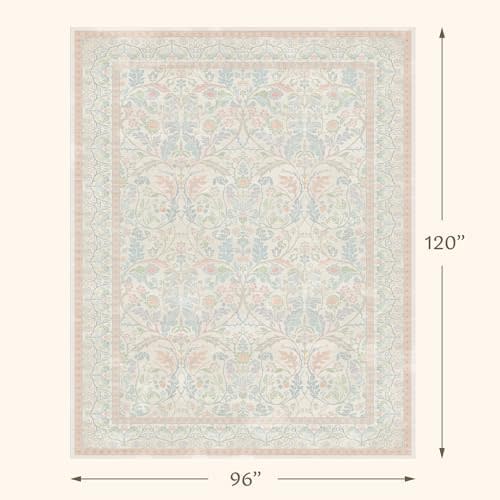 Large 8x10 Floral Cute Oushak Rug for Bedroom, Pink and Blue Washable French Country Area Rug Living Room, Low Pile & Soft Thin Carpet with Botanical and Wildflower Pattern (Cream & Pink)