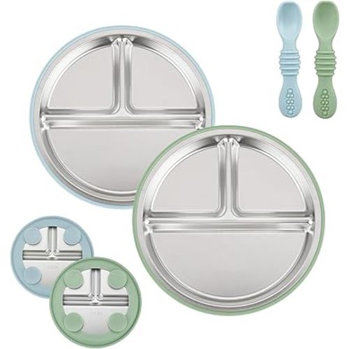 PandaEar 2 Pack Stainless Steel Baby Suction Plates & 2 Pack Spoons, Toddler Utensils Baby Feeding Set, Divided Plates for Baby Led Weaning Supplies, BPA-Free (Blue/Green)