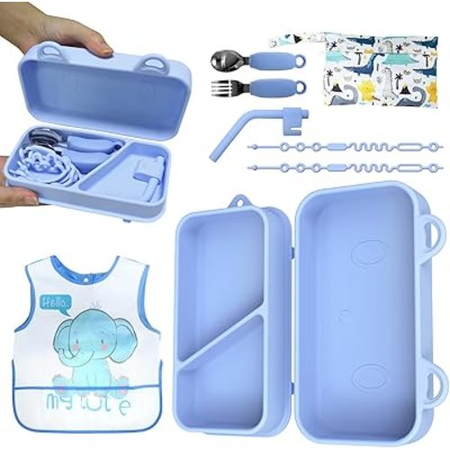 Travel Silicone Baby Feeding Set, 9pcs Portable Feeding Supplies, Toddler Suction Plates, 316 Stainless Steel Spoon & Fork, Silicone Baby Toy Straps, Lightweight Foldable Bib, Straw, Storage Bag