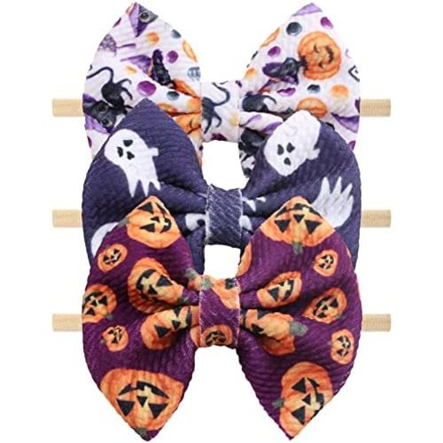 Halloween Baby Headband Cheer Bow,Baby Girl Orange Pumpkin Hair Bow Ghost Printed Elastic Nylon Halloween Hairbands for Baby Girls Newborn and Infant 3 Pcs (Type B)
