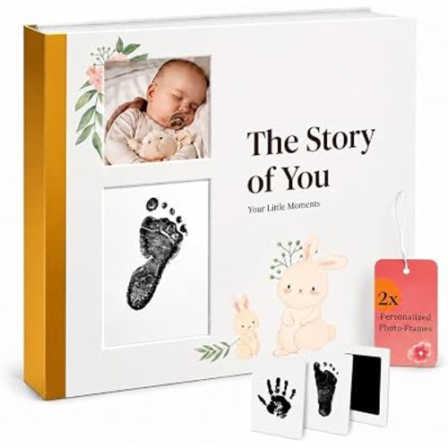Baby Memory Book for Baby Boy or Girl - Baby Book Keepsake with Ink Pad and Two Personalized Frames - Record Every Event from Birth to Age 5 Gender Neutral Scrapbook - Baby Gifts Gender Neutral