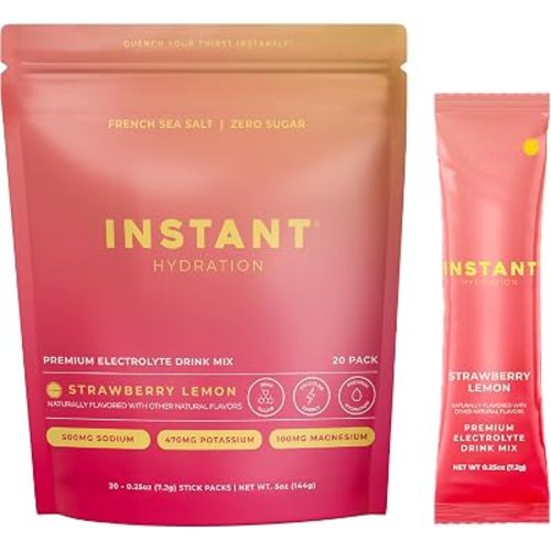 Instant Hydration Sugar Free Electrolytes Powder Packets - Strawberry Lemon Electrolyte Drink Mix & Travel Essentials - Post Workout Recovery, Brain Health, Muscle & Tissue Support - 20 Sticks