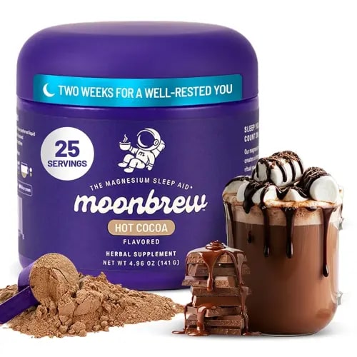 MoonBrew Nighttime Magnesium Hot Cocoa Jar, Natural Sleep Aid Drink Mix for Adults - Calming Melatonin-Free Sleep Support - Sleepy Hot Chocolate Powder with L-Theanine, Chamomile & Zinc Glycinate