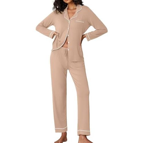 Ekouaer Pajamas Women's Long Sleeve Sleepwear Soft Button Down Loungewear Pjs Lounge Set Nightwear XS-XXL