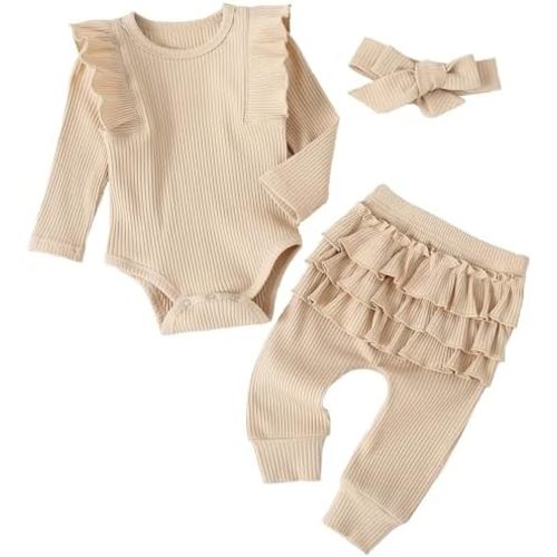 Baby Girl's 3pc Rib Frill Long Sleeve Romper and Pant Set