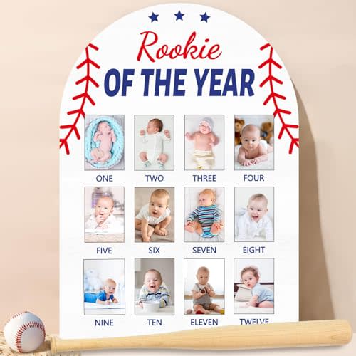 Baseball First Year Photo Board Rookie of the Year Birthday Party Decoration Wooden Board 12 Monthly Milestone Picture Frame Sport 1st Birthday Banner for Babyboy Keepsake Gift Supply(Fit 2x2.8in Pic)