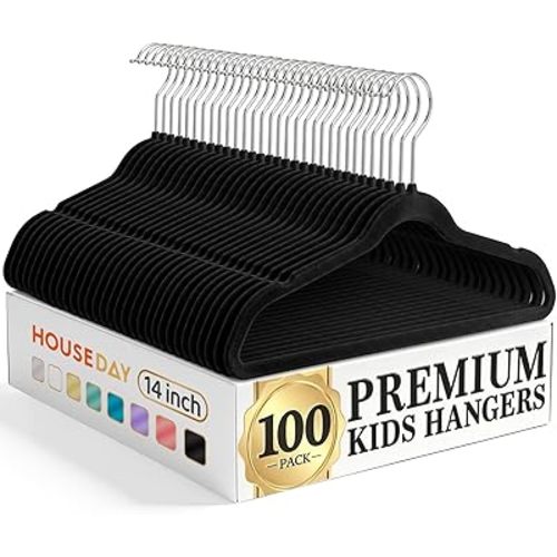 HOUSE DAY 14 Inch Kids Velvet Hangers 100 Pack, Durable Big Kid Hangers for Youth, Teen, Non Slip Kids Felt Hanger, Cute Childrens Hanger for Closet, Black