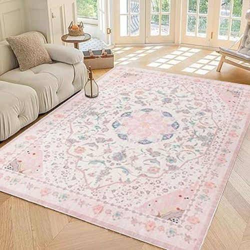 Area Rug - Vintage 3x5 Non-Slip Backing Area Rugs Light Pink Soft Faux Wool Carpet Foldable & Machine Washable Rugs for Living Room Bedroom Dining Room Nursery Home Office