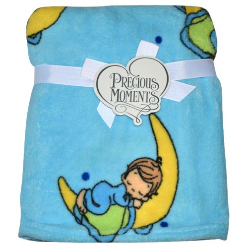 Vintage New Precious Moments Baby Boy Sleeping on a Moon Blue Plush Soft Coral Fleece Crib Blanket Baby Shower Gift 30" x 40"