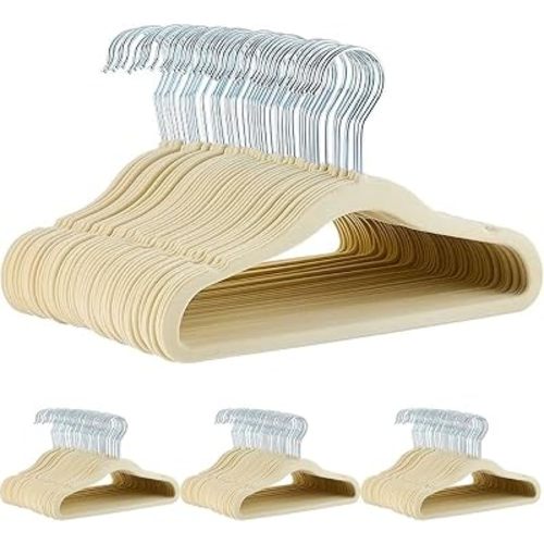 Amazon Basics Kids Space Saving Velvet Non-Slip Clothes Hangers with Shoulder Notches for Infant and Toddler, Beige, 50 Count, 11.6 Inches (Pack of 4)