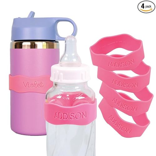 InchBug Orbit Labels Baby Bottle and Water Bottle Silicone Name Bands – Personalized Reusable Label Set for Daycare, Sippy Cups, Preschool, Elementary School, Dishwasher Safe, 4-Pack (Bubblegum Pink)